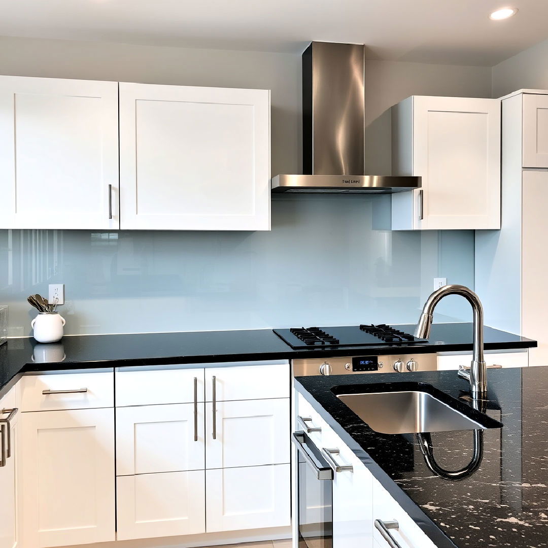white cabinets with black granite and a glass backsplash - 40 White Kitchen With Black Countertops Ideas