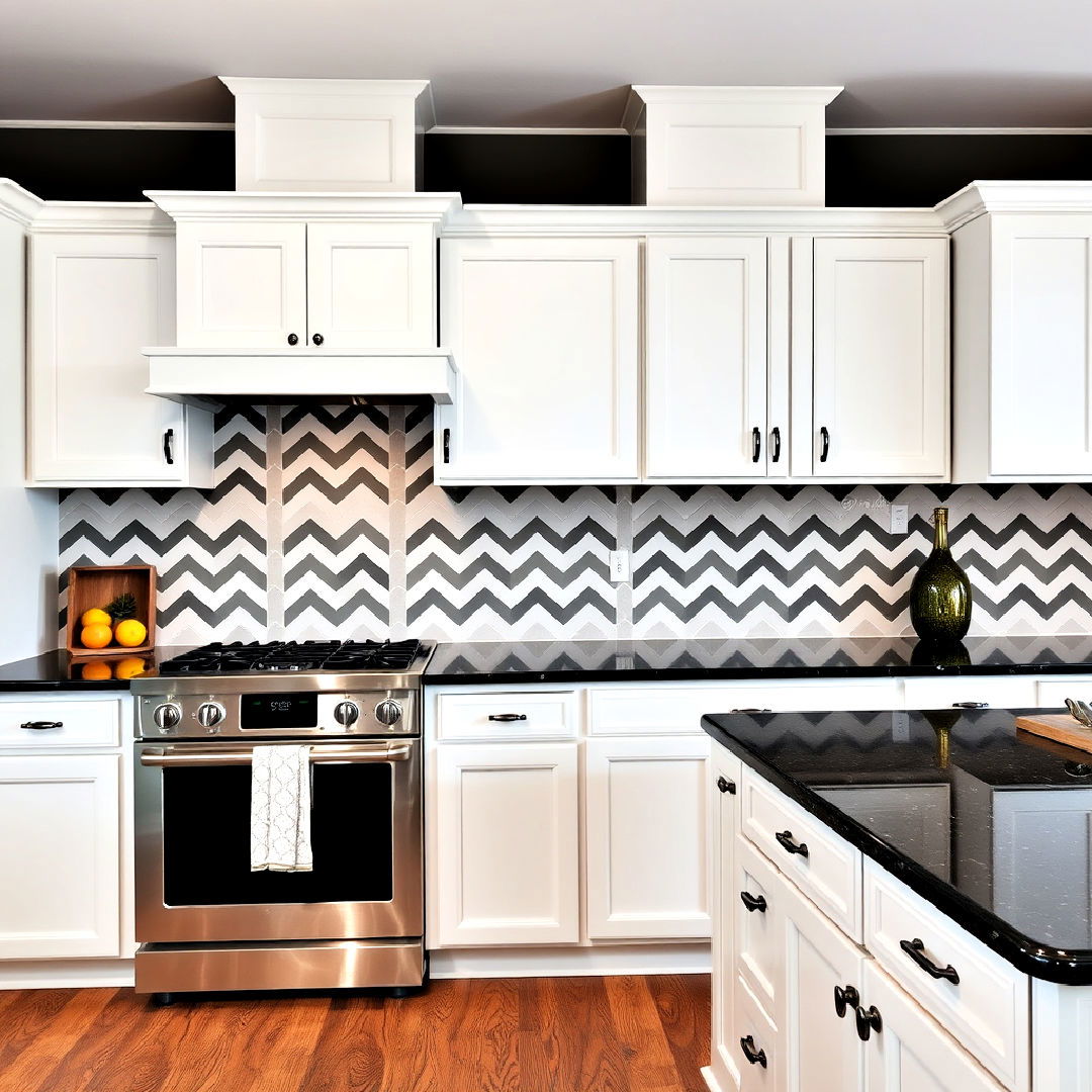 white cabinets with black granite countertops and chevron backsplash - 40 White Kitchen With Black Countertops Ideas