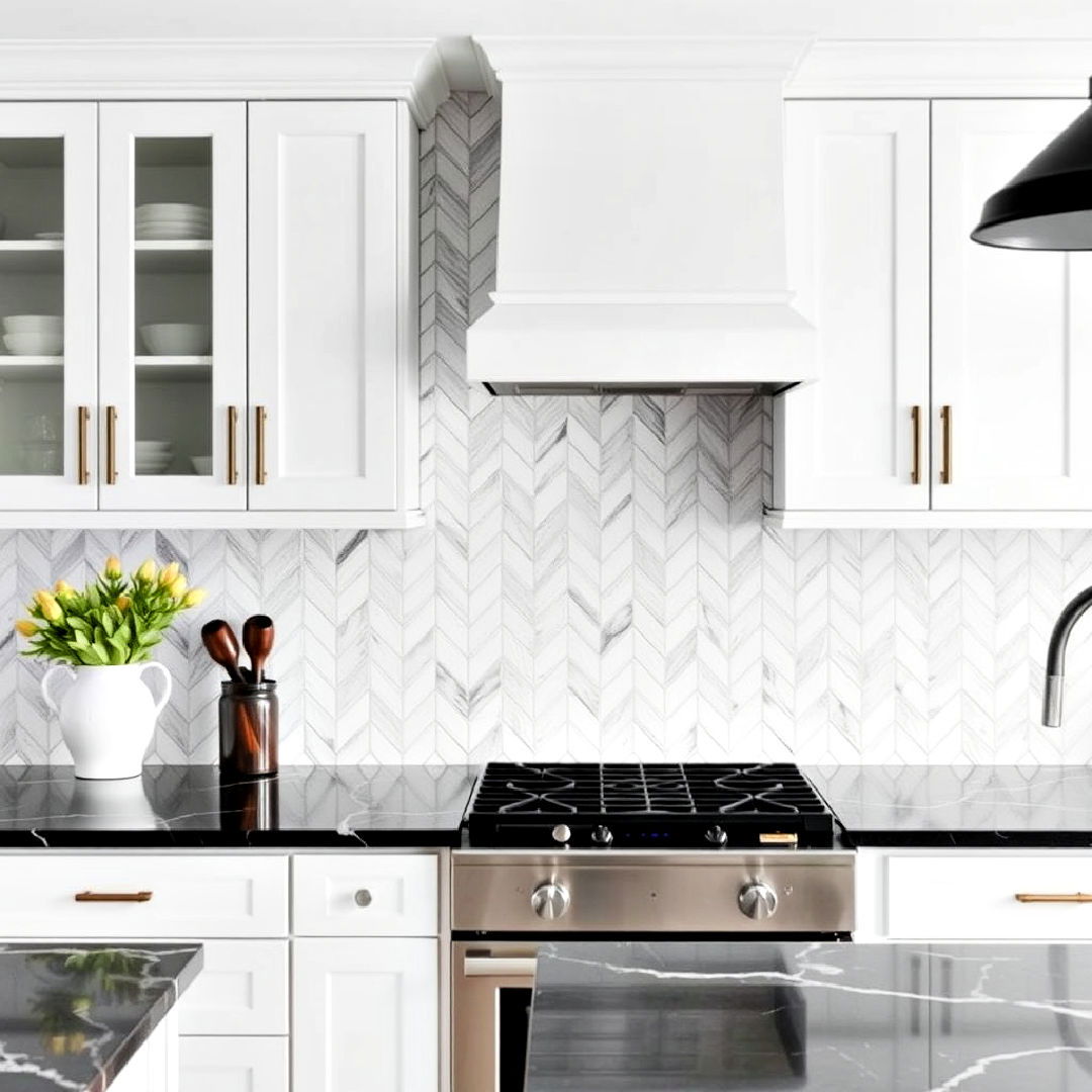 white cabinets with black marble and a statement backsplash - 40 White Kitchen With Black Countertops Ideas