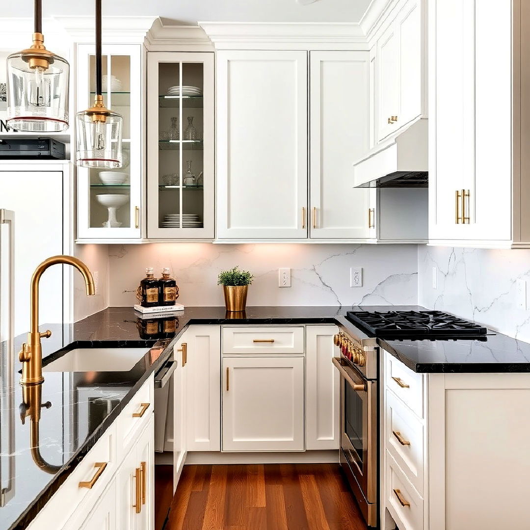 white cabinets with black marble and brass fixtures - 40 White Kitchen With Black Countertops Ideas