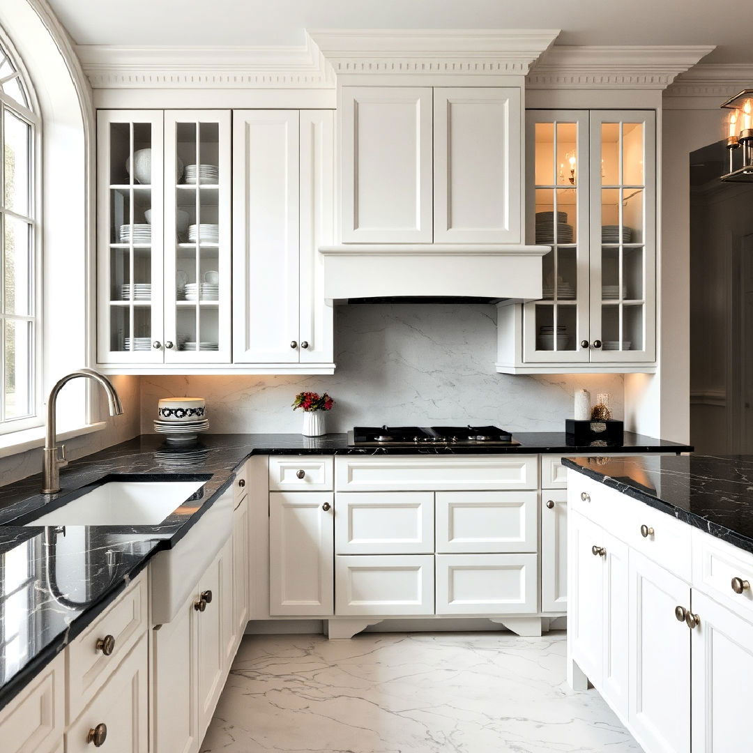 white cabinets with black marble countertops and glass cabinet doors - 40 White Kitchen With Black Countertops Ideas