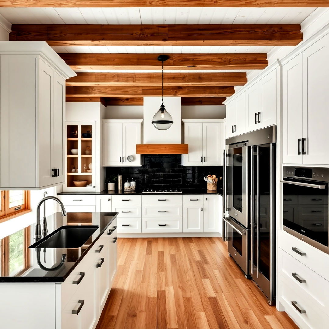 white cabinets with black quartz and wooden ceiling beams - 40 White Kitchen With Black Countertops Ideas