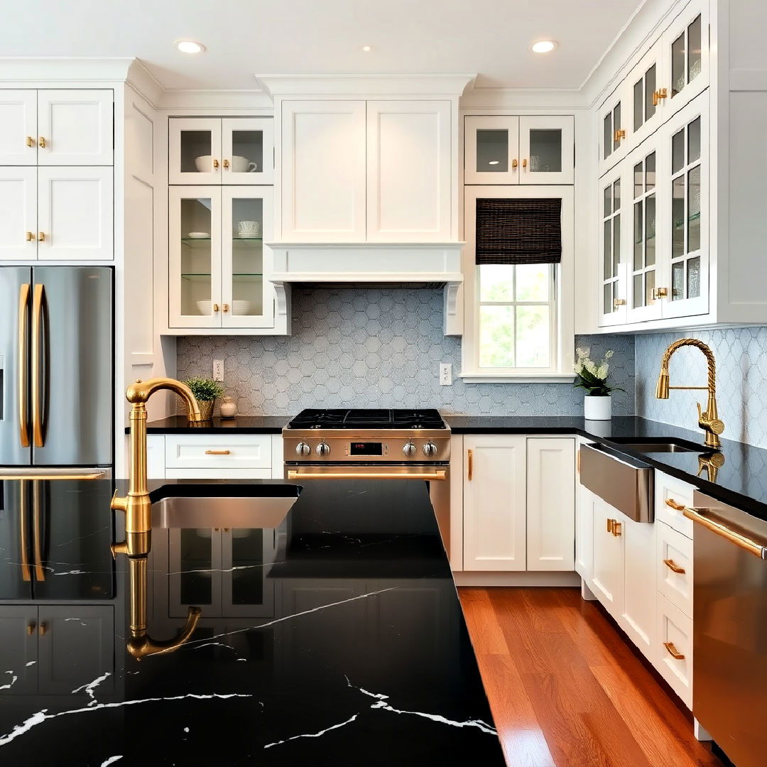 white cabinets with black quartz countertop and brass hardware - 40 White Kitchen With Black Countertops Ideas