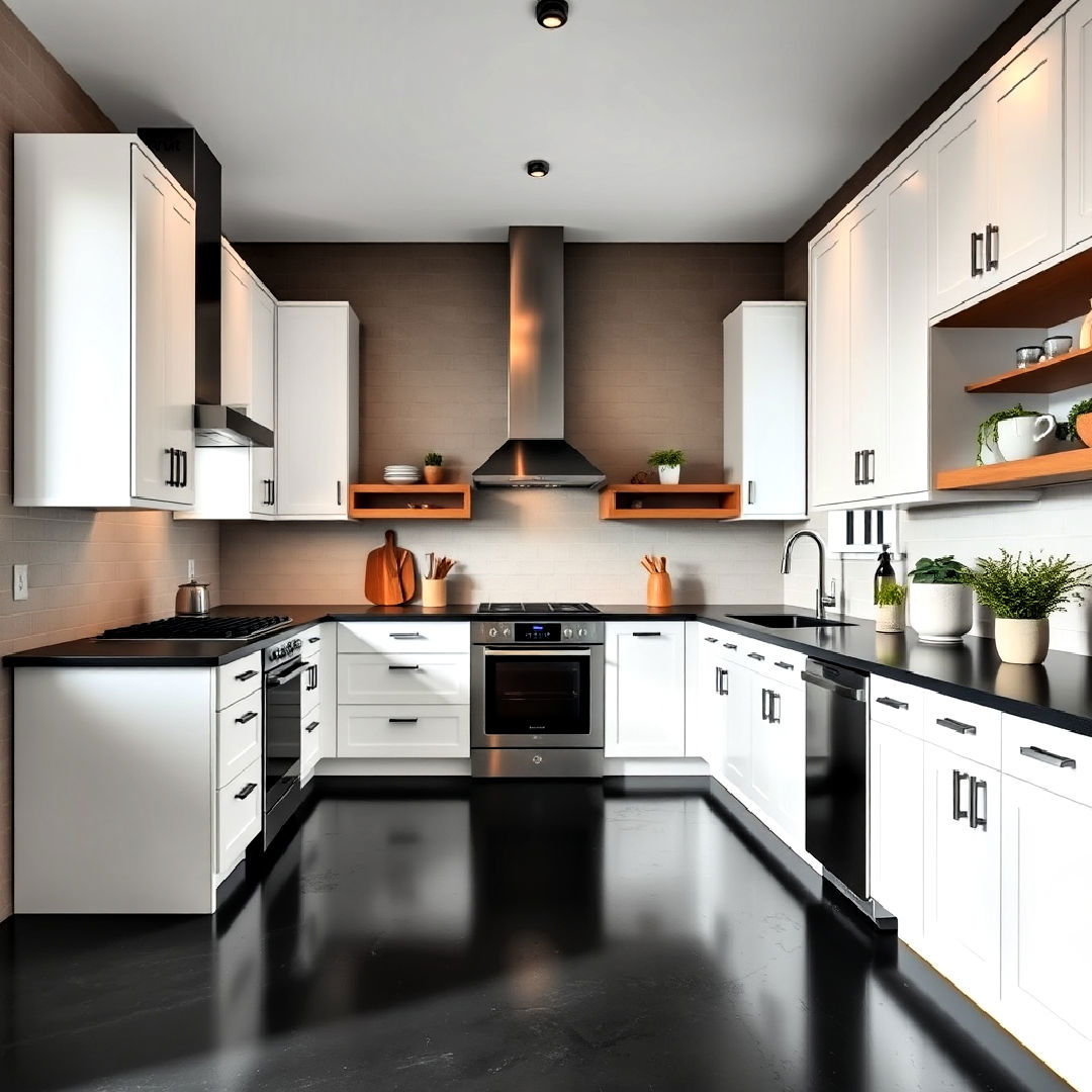 white cabinets with durable black concrete flooring - 40 Black and White Kitchen Ideas