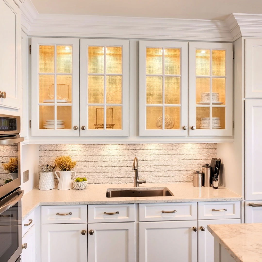 white cabinets with gold mesh inserts - 25 Black White and Gold Kitchen Ideas