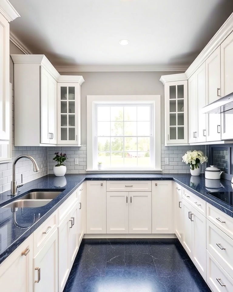white cabinets with navy blue quartz countertops - 20 Kitchens With Blue Countertops