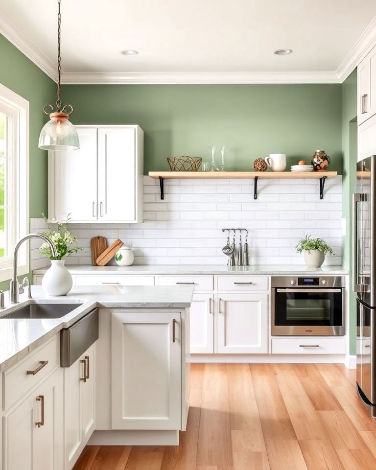 white cabinets with sage green accent wall - 25 Sage Green and White Kitchen Ideas