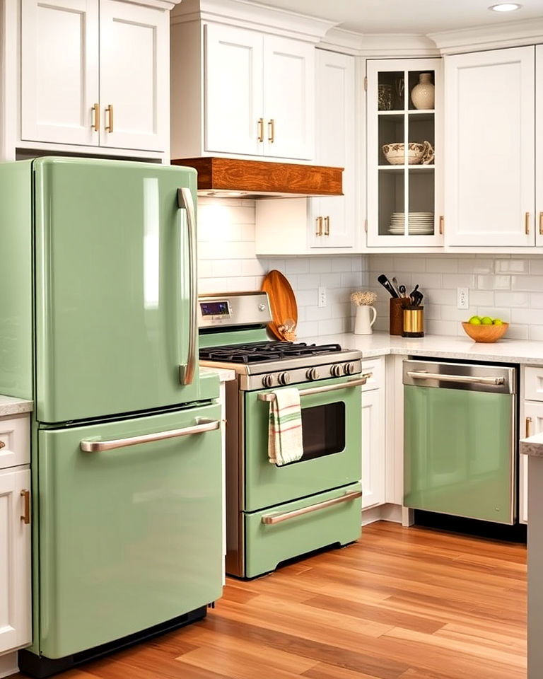 white cabinets with sage green appliances - 25 Sage Green and White Kitchen Ideas