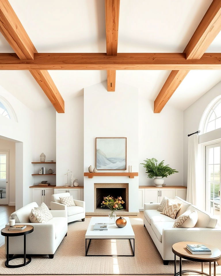 white ceiling with exposed beams - 20 Beige and White Living Room Ideas