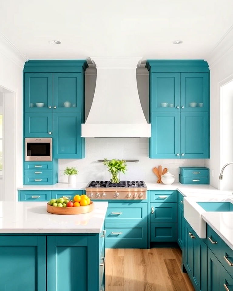 white ceiling with teal cabinetry for kitchen - 20 Teal and White Kitchen Ideas