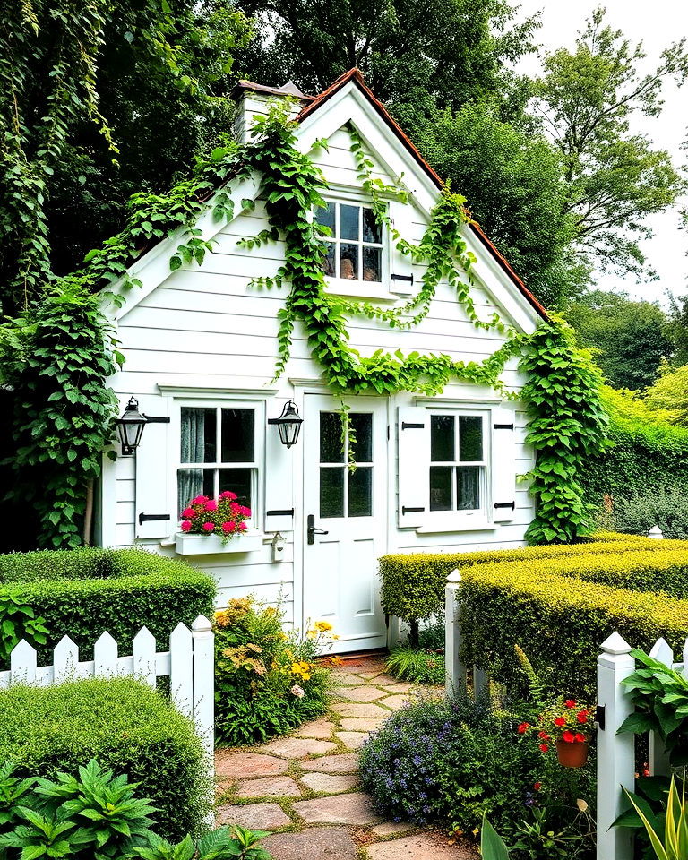 white cottage siding with greenery - 20 White Siding House Designs