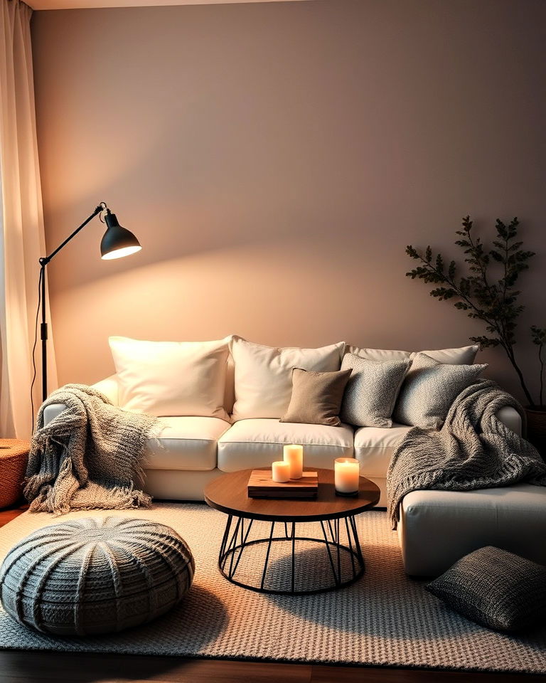 white couch living room with soft lighting - 30 White Couch Living Room Ideas