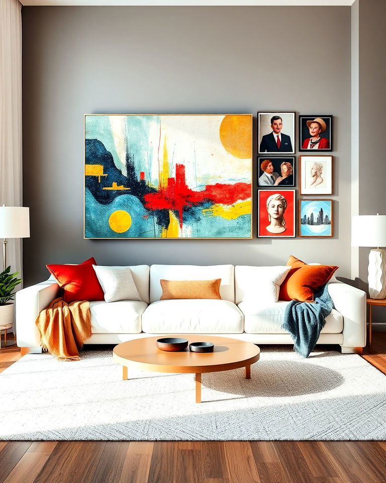 white couch with bold artwork - 30 White Couch Living Room Ideas
