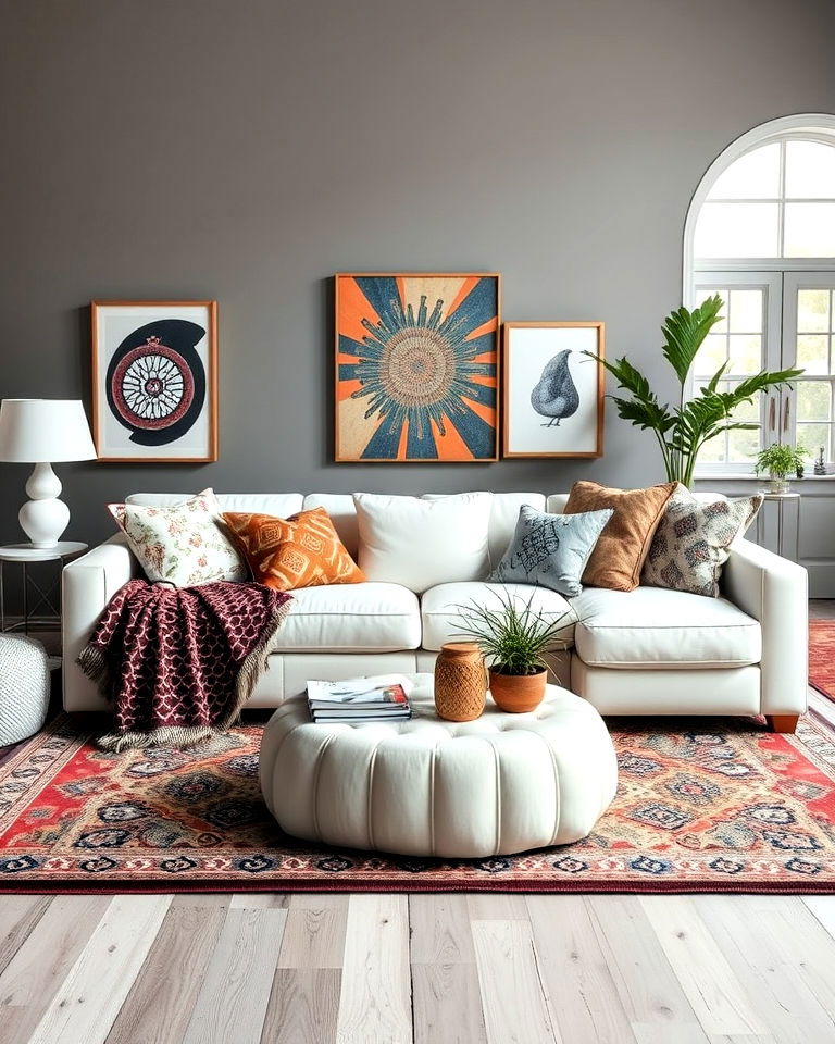 white couch with eclectic mix of patterns - 30 White Couch Living Room Ideas