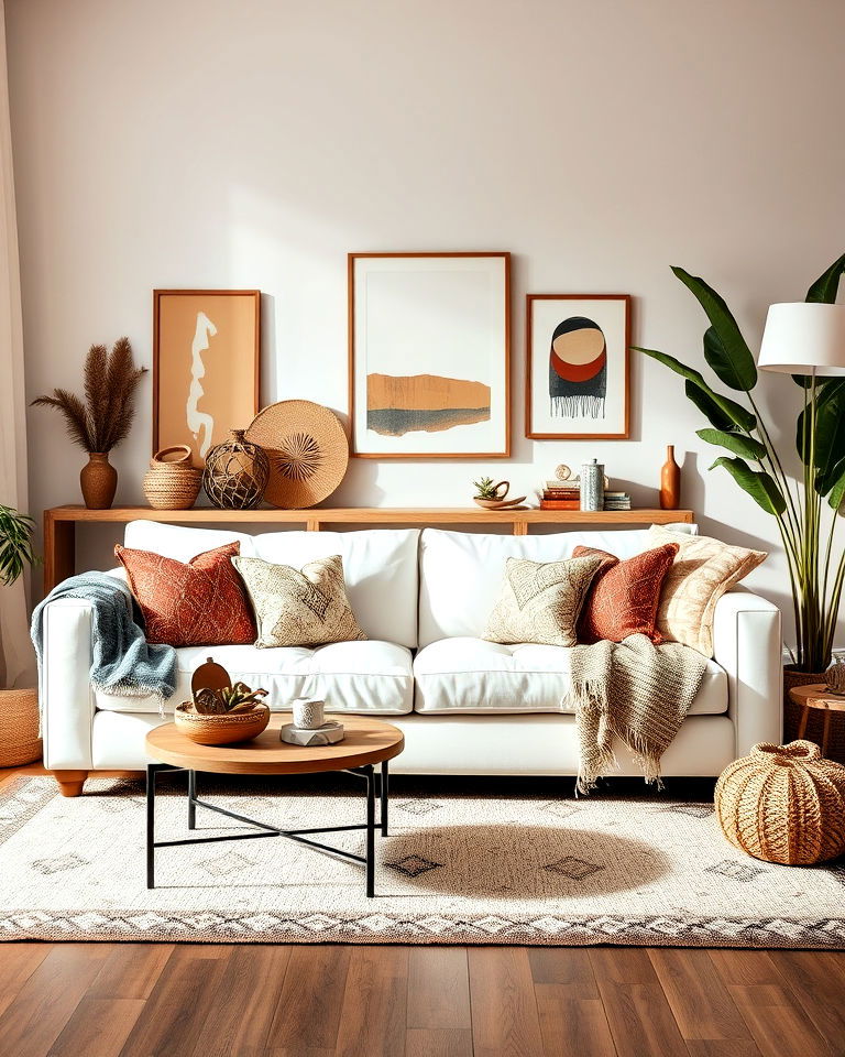 white couch with modern boho vibe - 30 White Couch Living Room Ideas