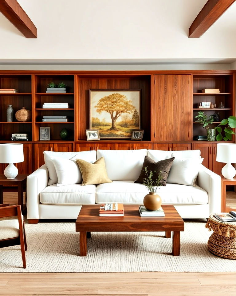 white couch with rich wooden accents - 30 White Couch Living Room Ideas