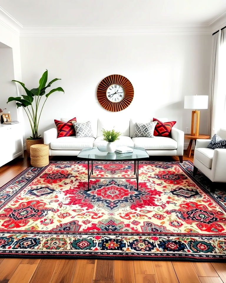 white couch with statement rug - 30 White Couch Living Room Ideas