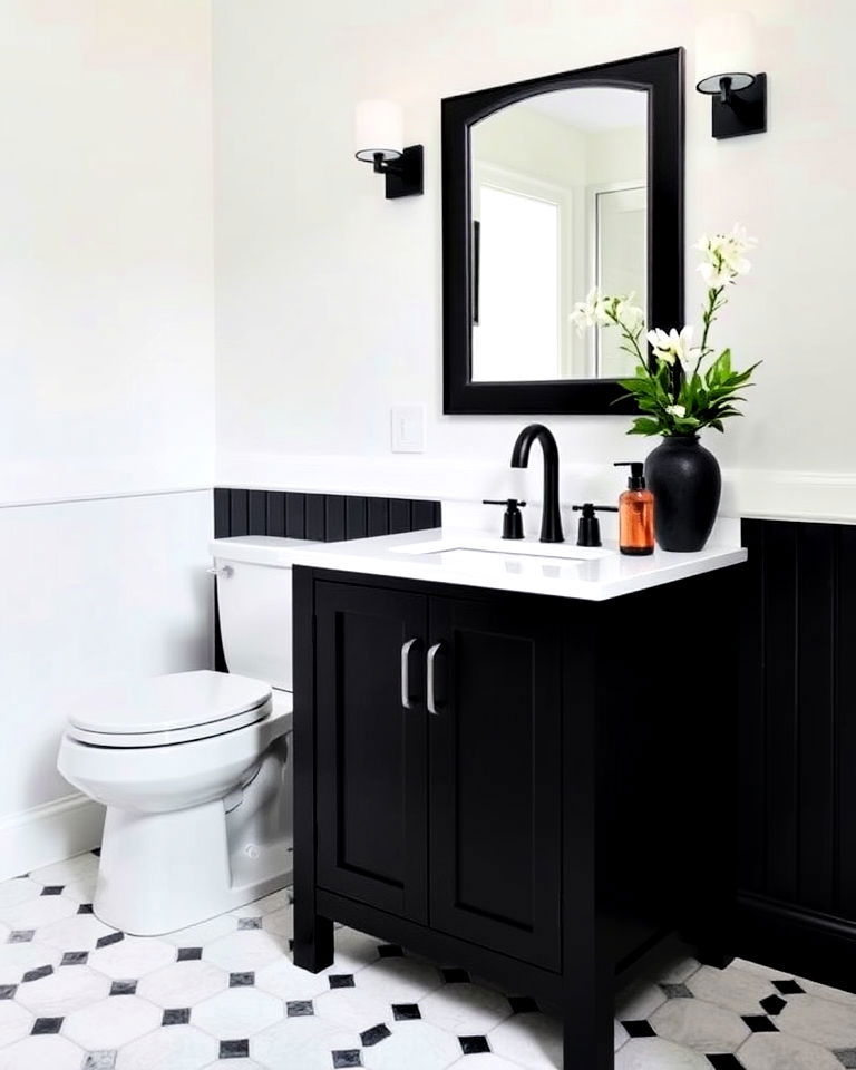 white countertop and black vanity - 20 Black and White Powder Room Ideas