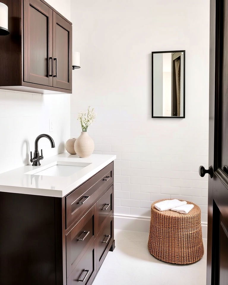white countertop and dark brown vanity - 15 Brown and White Bathroom Ideas