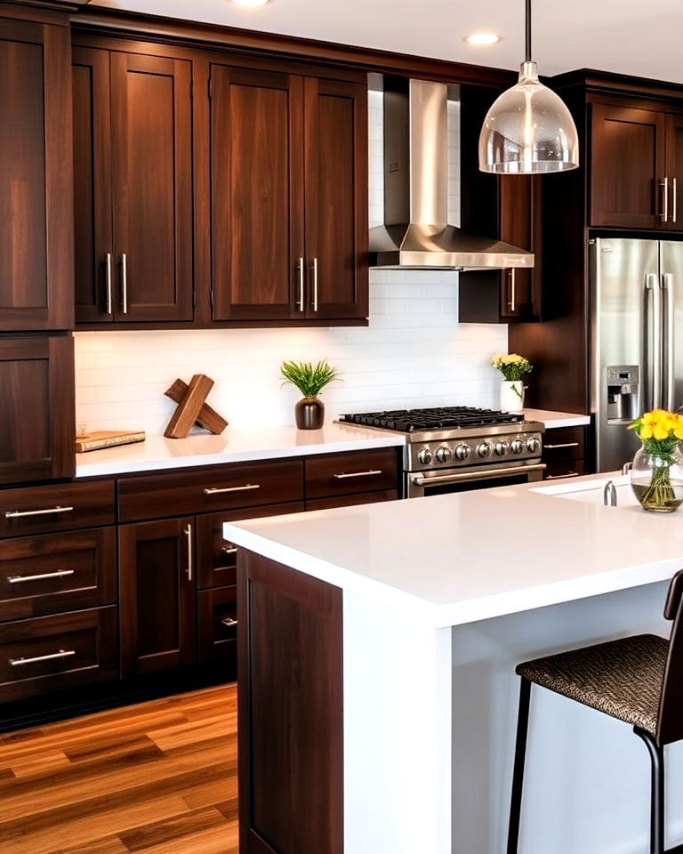white countertops and dark brown cabinets - 25 Brown Kitchen Cabinets Ideas