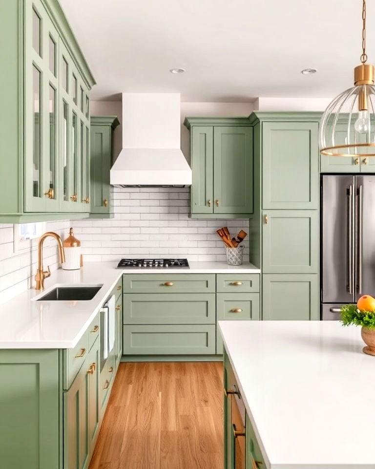 white countertops and sage green cabinets - 25 Sage Green and White Kitchen Ideas