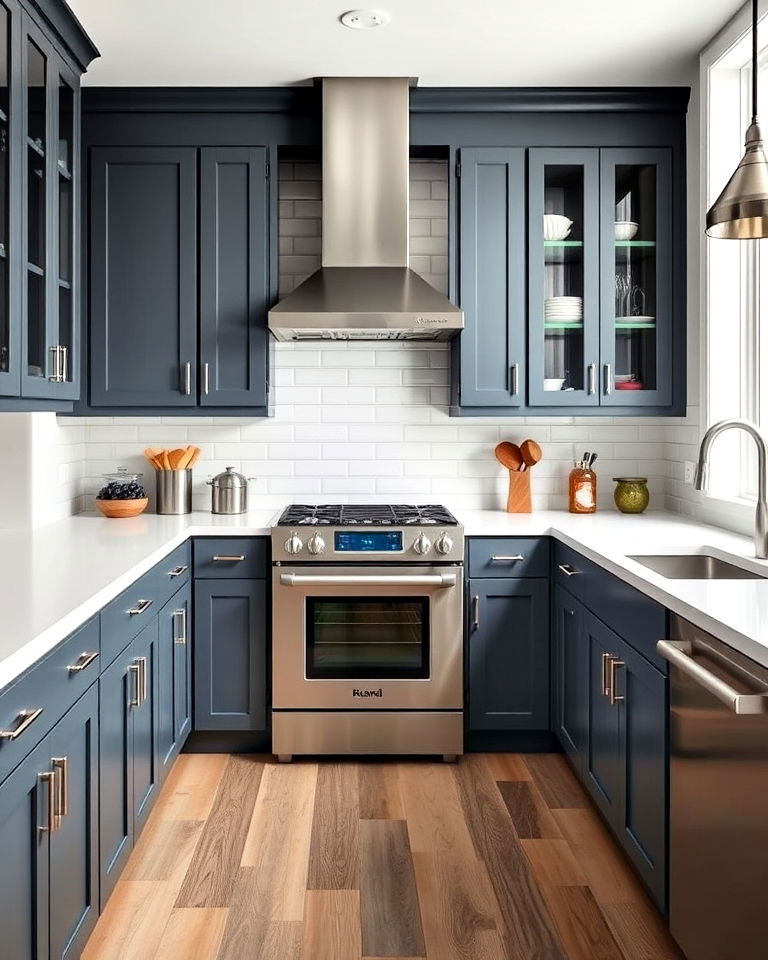 white countertops and steel gray blue cabinets - 30 Blue Farmhouse Kitchen Cabinets