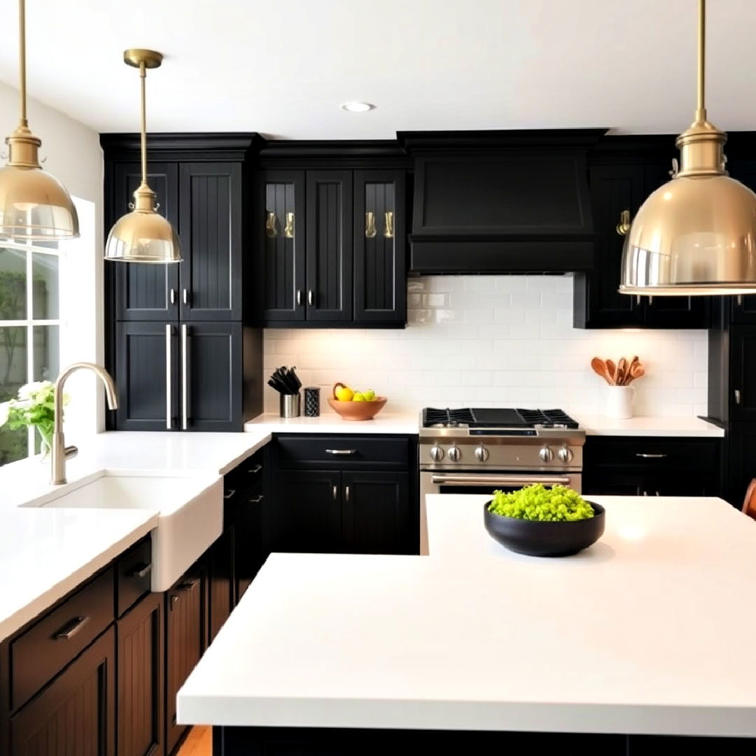 white countertops with black beadboard cabinets - 40 Black and White Kitchen Ideas