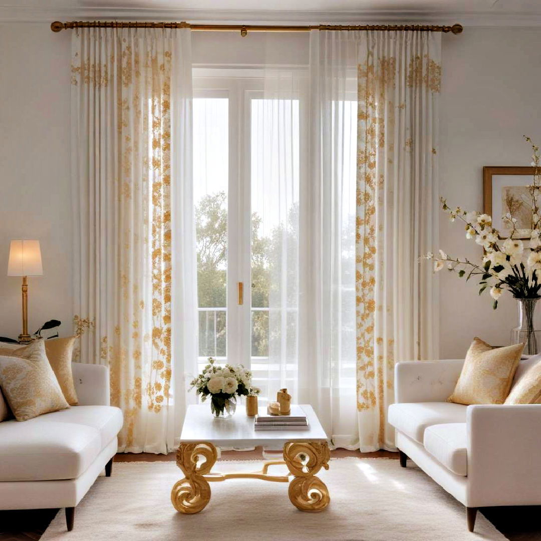 white curtains with gold floral patterns - 25 White and Gold Living Room Ideas