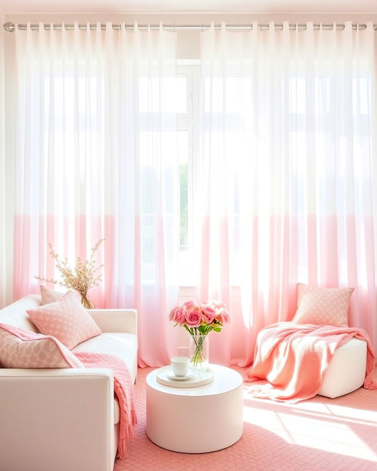 white curtains with pink ombre for living room - 20 Pink and White Living Room Ideas
