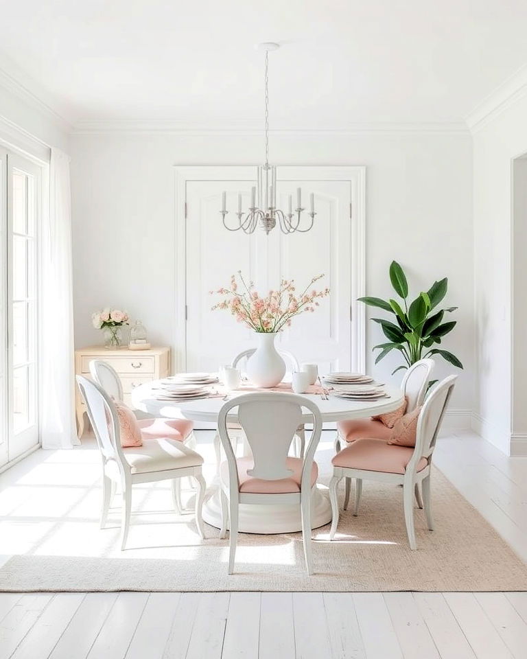 white dining room and pastel accents - 30 White Dining Room Ideas