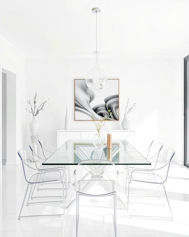 white dining room with glass elements - 30 White Dining Room Ideas