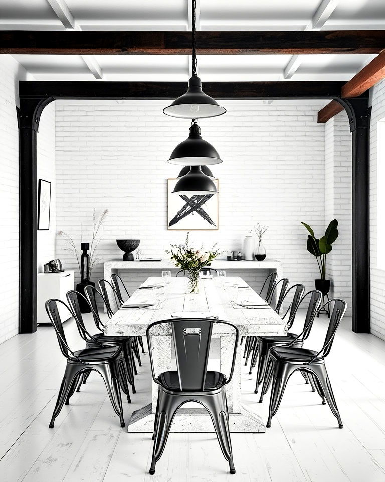 white dining room with industrial elements - 30 White Dining Room Ideas