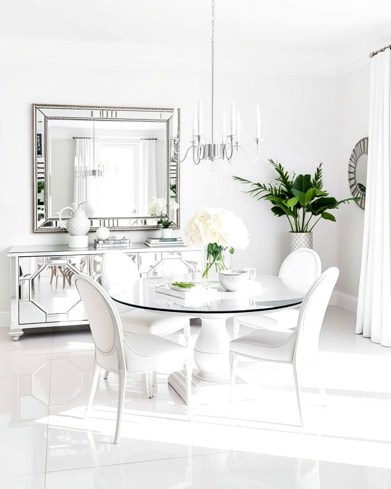 white dining space with mirrored accents - 30 White Dining Room Ideas