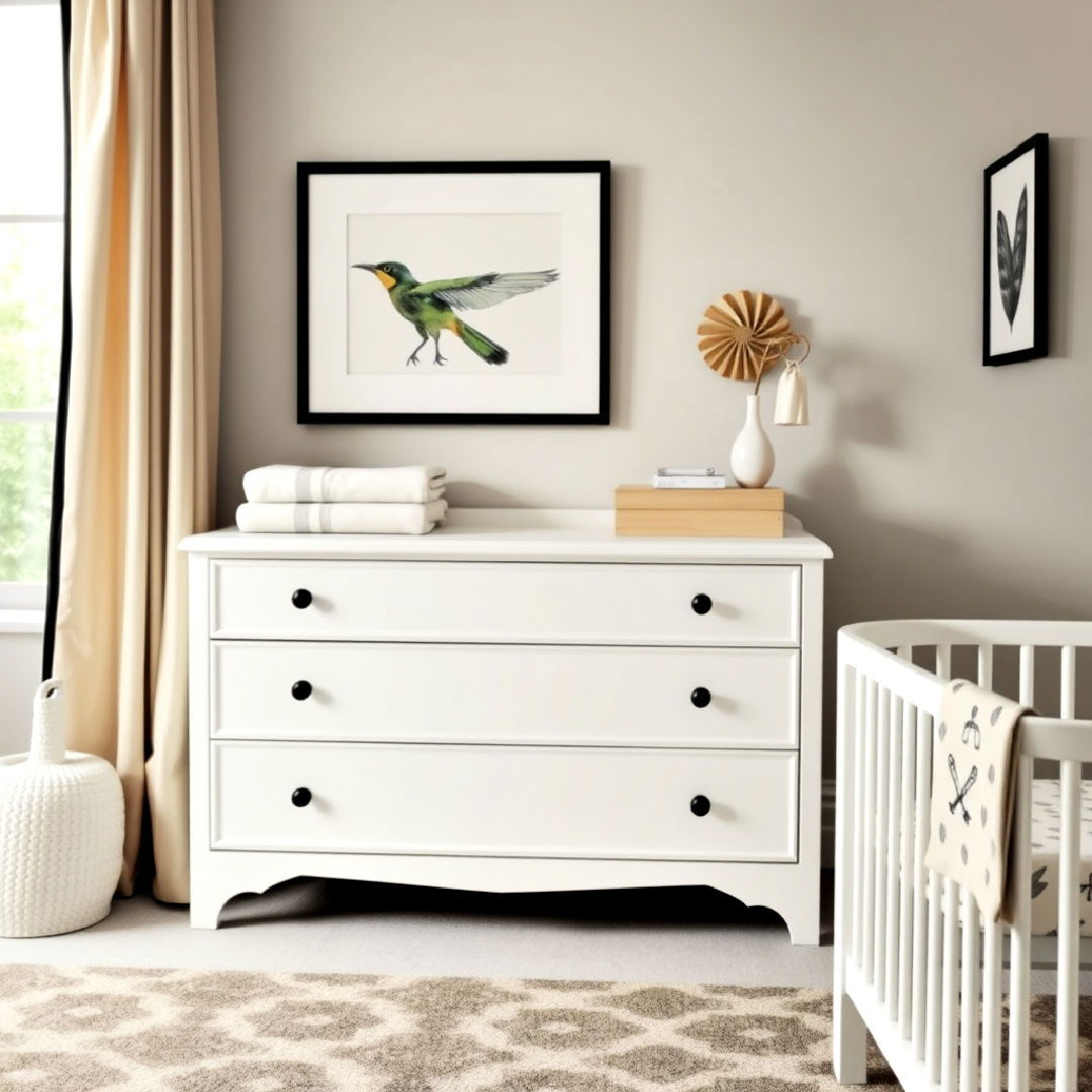 white dresser with black hardware - 25 Black and White Nursery Ideas