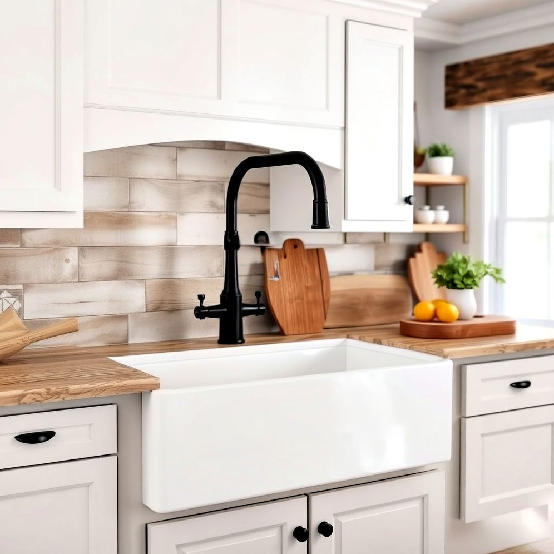 white farmhouse sink and black faucet - 40 Black and White Kitchen Ideas