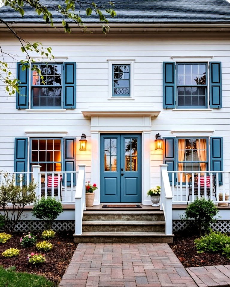 white farmhouse style exterior with muted blue trim - 20 White House With Blue Trim Design Ideas