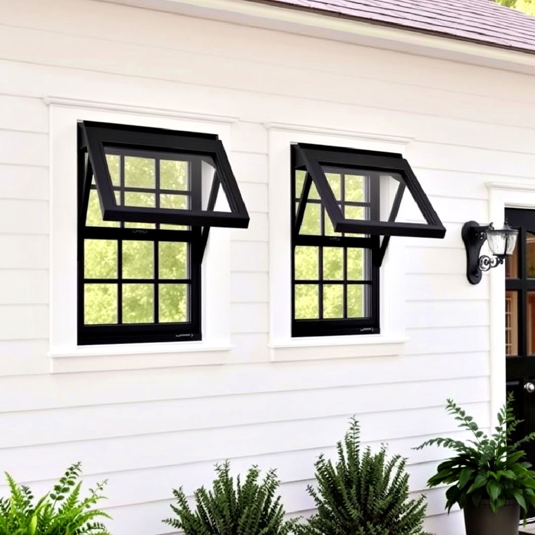 white farmhouse with black awning windows - 25 White Farmhouse With Black Windows Ideas