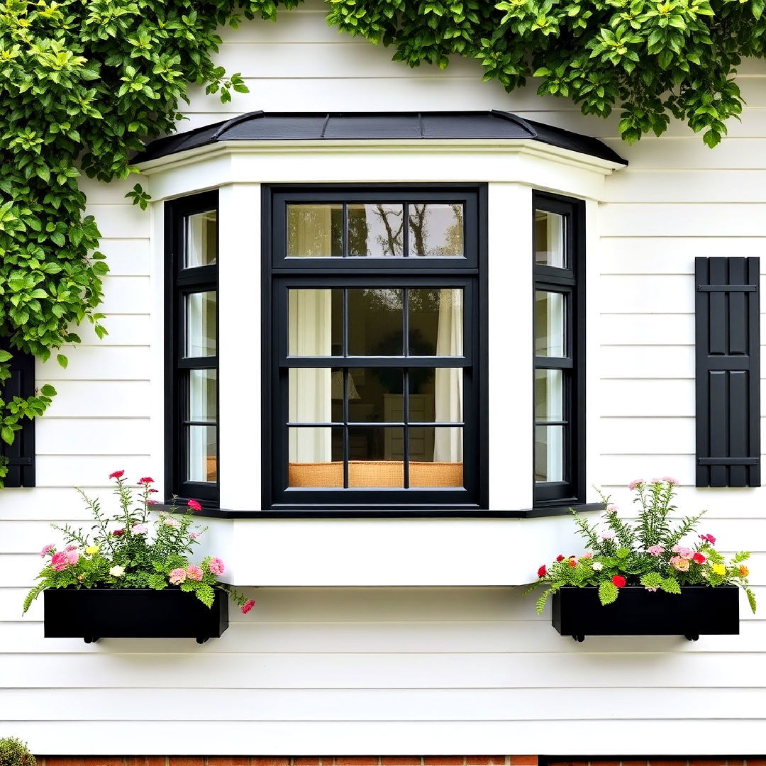 white farmhouse with black bay windows and flower boxes - 25 White Farmhouse With Black Windows Ideas