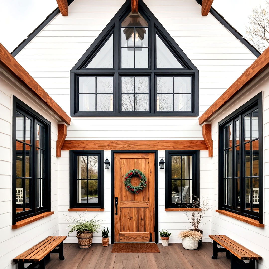 white farmhouse with black picture windows and wooden accents - 25 White Farmhouse With Black Windows Ideas