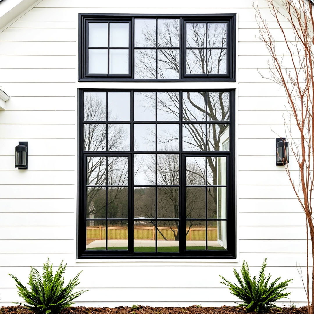 white farmhouse with black picture windows - 25 White Farmhouse With Black Windows Ideas