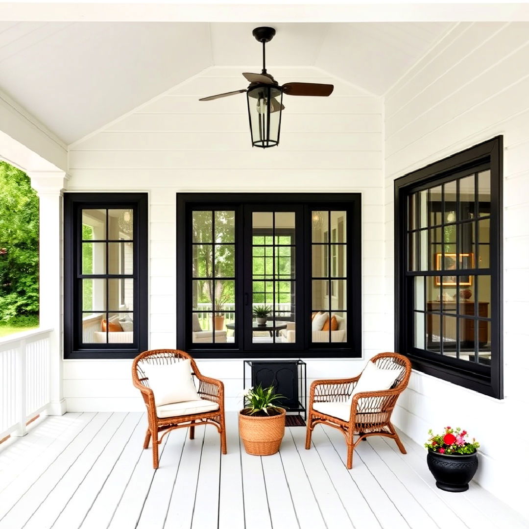 white farmhouse with black windows and wrap around porch - 25 White Farmhouse With Black Windows Ideas