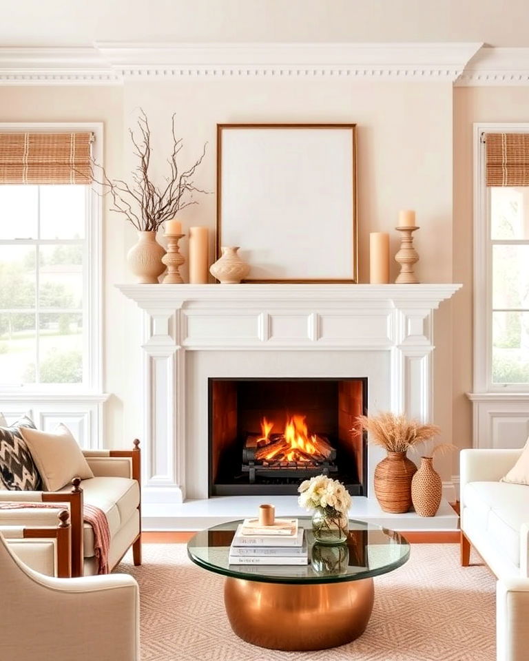 white fireplace with beige accents for living room - 20 Beige and White Living Room Ideas