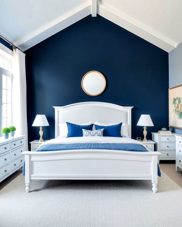 white furniture and navy blue accent wall - 25 Blue and White Bedroom Ideas