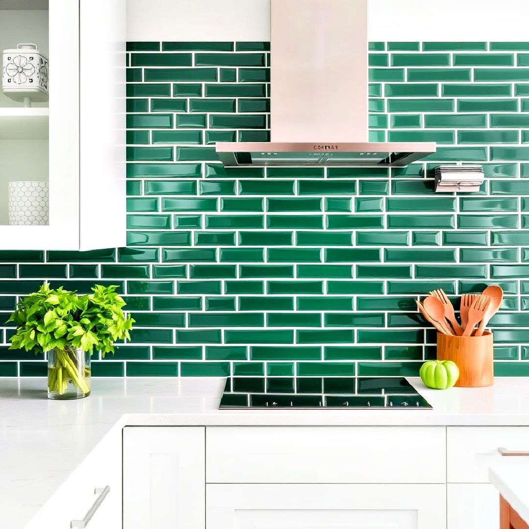 white grout and green tile backsplash - 25 Emerald Green Kitchen Ideas