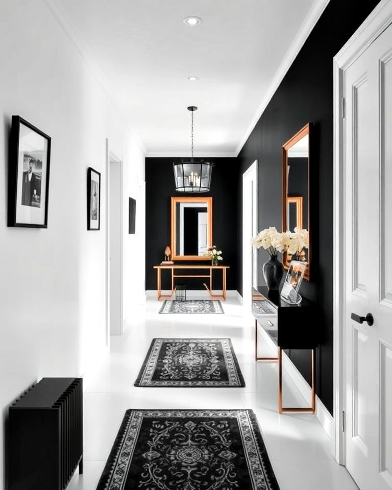 white hallway with black accent wall design - 20 Black and White Hallway Ideas