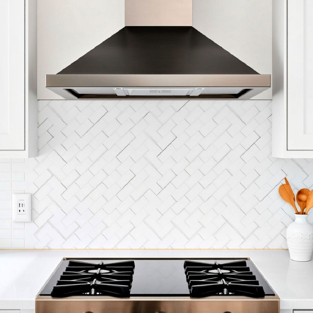 white herringbone tile backsplash and black grout - 40 Black and White Kitchen Ideas
