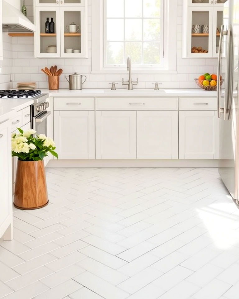 white herringbone tile pattern for kitchen floor - 25 White Kitchen Floor Ideas