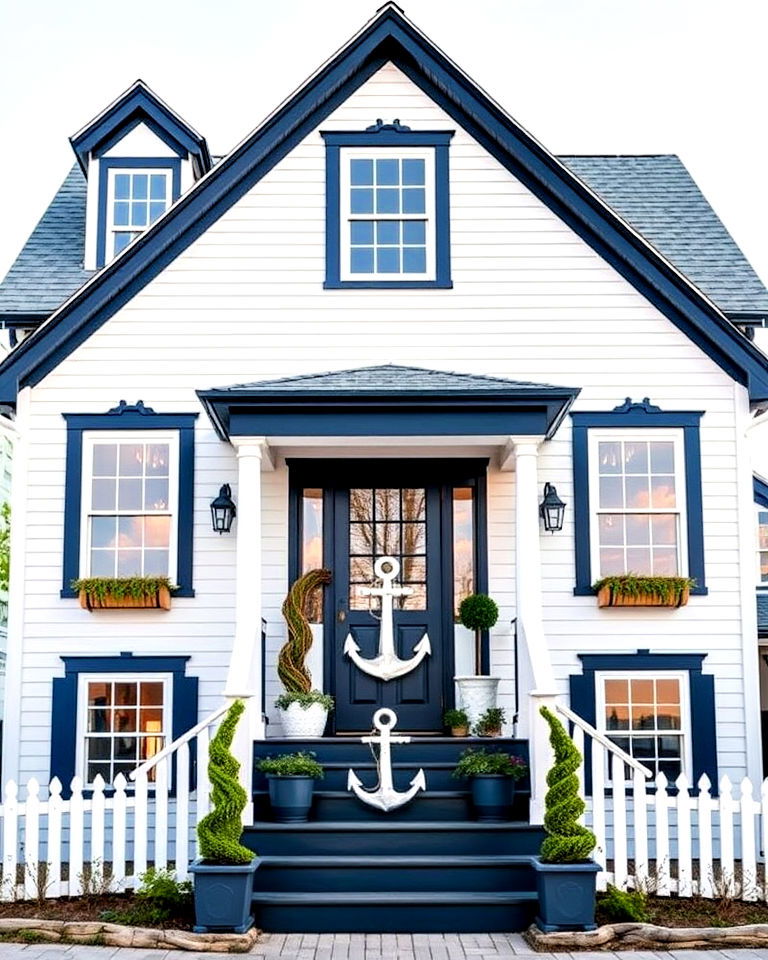 white house featuring navy blue trim - 20 White House With Blue Trim Design Ideas