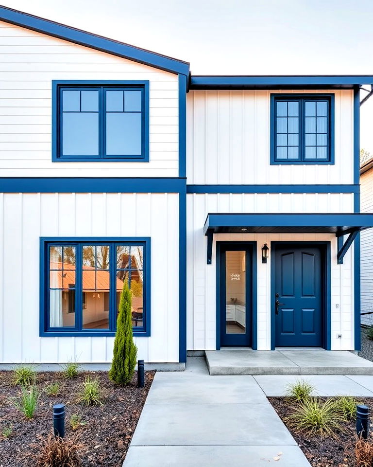 white industrial style siding with bold steel blue trim - 20 White House With Blue Trim Design Ideas