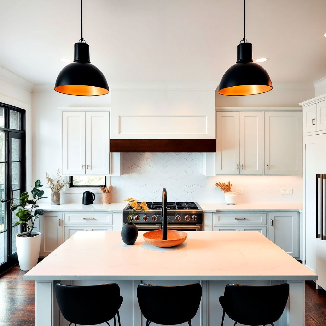 white island and black pendant light - 40 Black and White Kitchen Ideas